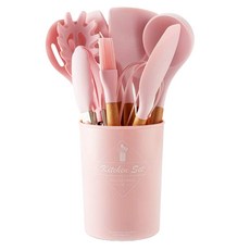 矽膠廚具12件組 - 含桶, 鍋鏟 + 湯勺 + 漏鏟 + 密勺 + 撈麵勺 + 打蛋器 + 油刷 + 攪拌勺 + 塗抹刮刀 + 食物夾 + 漏勺 + 桶, 粉色, 1組