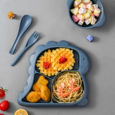 嬰兒可愛恐龍餐具組, 深藍色, 餐盤+湯匙+叉子+碗