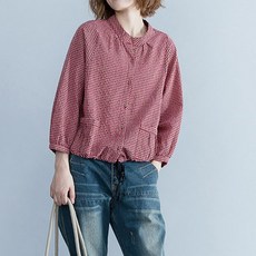 IMMONG 秋季可愛風女款圓領格紋短版長袖襯衫