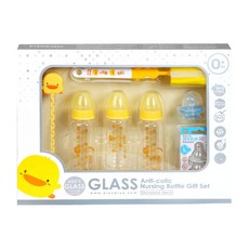 PiYOPiYO小鴨 乳感晶鑽奶瓶禮盒 140ml x 1 + 240ml x 2 標準口徑玻璃奶瓶 附奶嘴 奶嘴鏈 奶瓶刷, 黃色, 1組