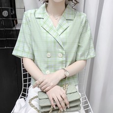 페이퍼먼츠 여성용 루즈핏 여름 반팔 체크 수트 재킷 01965