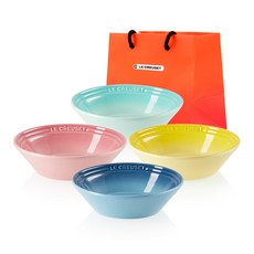 LE CREUSET NEO 淺盤 16cm 4入 + L號購物袋組合, 1套, 5件組, 薔薇粉, 海洋藍, 太陽黃, 薄荷綠