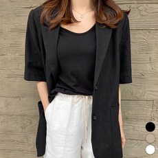 페이퍼먼츠 여성용 통기성 여름 린넨 카라넥 반팔 블레이저 자켓 02027