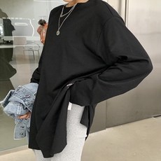 文青圓領小標打底長袖 Set 加長袖 字母貼標 側開衩, 2XL, 黑色