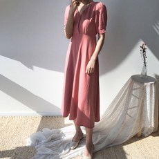 엔비룩 통기성 린넨 콩단추 반팔 롱원피스