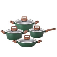 KITCHEN FLOWER 電磁爐適用陶瓷不沾鍋具4入組, Greenwood, 單柄鍋18cm+雙耳鍋20cm+24cm+雙耳火鍋湯鍋24cm, 1組