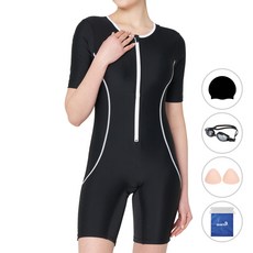 quaro 女款半拉鍊5件組大尺碼泳衣+泳帽+泳鏡+胸罩罩+塑膠袋套裝QRB285S