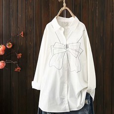 ATTERLIC 女款蝴蝶結刺繡寬鬆版長袖襯衫 00627