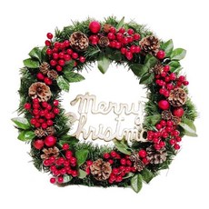 摩達客 台製歐風典雅大地盛宴紅球果松果聖誕花圈 福臨圈 20吋 吊掛裝飾, 紅色 + 綠色, 1組