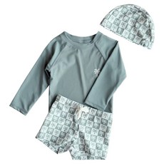 男童長袖分體泳裝 泳衣 + 泳褲 + 泳帽 附綁帶