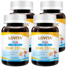 Lovita 兒童魚油DHA 150mg 軟膠囊，迷你尺寸，不含人工色素和香料，30顆/30天份, 15g, 4罐