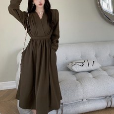 PEONIST 女款V領蝴蝶結綁帶長版連身裙, 卡其色