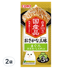 INABA CIAO 啾嚕 豪華魚三昧餐包 - 100%國產 3入, 鮪魚 + 雞肉 + 吻仔魚, 180g, 2袋