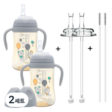 순수아 역류방지 PPSU 추달린 빨대컵 2p +꼭지 2p + 추빨대 2p + 솔 2p 트윈팩 세트, 240ml, 2세트, 그레이
