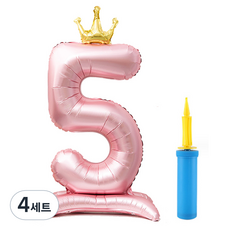 OLIVEPARTY 超大型站立式皇冠數字生日氣球 + 手動打氣筒組合, 4套, 粉色(數字5)
