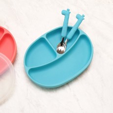 Edison 愛迪生 分隔餐盤+長頸鹿造型矽膠湯匙+叉子組, Viking Blue, 餐盤+蓋子+湯匙+叉子