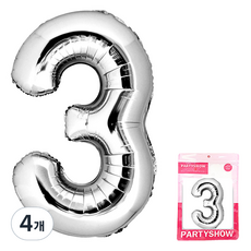 PARTYSHOW 大型數字鋁箔氣球 3, 銀色, 4個