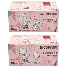 MITENXIN 天心生醫 心心系列 史努比 鋼印成人平面口罩, 粉色, 30片, 2盒
