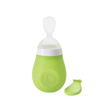 munchkin 滿趣健 擠壓式餵食湯匙, 人體工學設計 單手擠壓 矽膠材質 附蓋 方便攜帶 容器餐具二合一, 綠, 1個