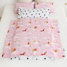 BEAUTE HOUSE 迪士尼印花人造絲午睡被+一體式14盎司睡墊超細纖維枕頭組, 小熊維尼款(粉色)