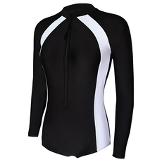 成人拉鍊連體長袖泳衣 有墊, XL, 黑底白條