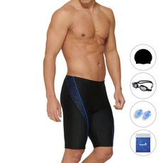 쿠아로 남성용 실내 5부 수영복 + 수모 + 수경 + 귀마개 + 비닐백 세트 QRM544S