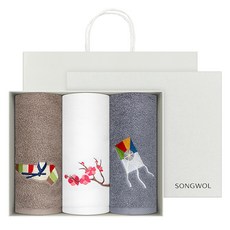 Songwol 松月 精緻刺繡毛巾 3入禮盒組 150g 棉紗 + 提袋, 象牙白 + 深灰色 + 深棕色, 1套