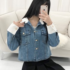 피어니스트 여성용 크롭 배색 카라 데님 자켓