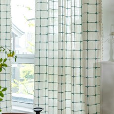 Mimesole 簡約刺繡格紋穿桿式窗簾, 米色 綠色