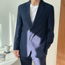 男款夏季亞麻雙扣休閒西裝外套長褲套裝