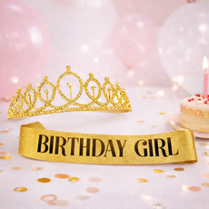 윰스 생일파티 공주 왕관 티아라 + 어깨띠 스트랩 세트, 골드, 1세트