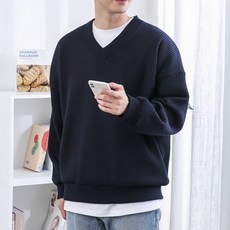 男士V領寬鬆版型彈性羅紋針織衫