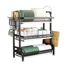 德利生活 多功能碗碟收納置物架組 大號 帶筷子筒和刀具架, 3層, 黑色, 1組