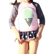 愛北鼻之家 女童長袖防曬泳衣套裝 中大童, XL, 夏日冰淇淋 粉紅色 + 灰色