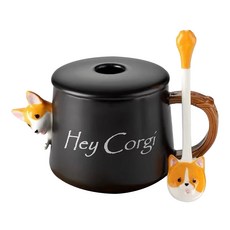 柴犬杯 含攪拌棒 500ml, 柯基黑, 1個