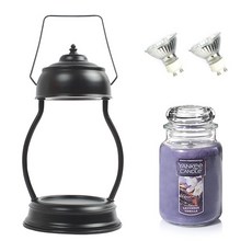 YANKEE CANDLE 造型融燭燈+香氛蠟燭 L號+燈泡 2入, 暖色（純黑色）、蠟燭（薰衣草色）