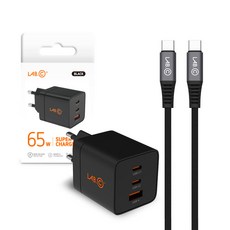랩씨 65W PD PPS 멀티 3포트 초고속 충전기 + 케이블 3m 세트, 블랙(충전기), 블랙(케이블), 1세트