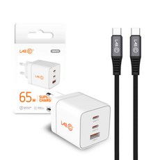 랩씨 65W PD PPS 멀티 3포트 초고속 충전기 + 케이블 3m 세트, 화이트(충전기), 블랙(케이블), 1세트