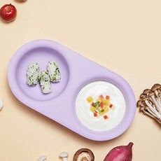 Pot de miel 吸附式雙格餐盤+蓋子組, 米色+紫色, 2格餐盤+多功能蓋子