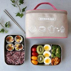 Bring Me Big 2層不鏽鋼便當盒 2款 + 不鏽鋼真空筷 + 保溫保冷袋, 米色, L(不銹鋼餐盒+不銹鋼筷子+保溫袋), 1套