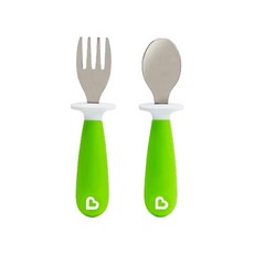munchkin 滿趣健 不鏽鋼學習叉匙組, 不含BPA, 不含聚氯乙烯, 適合12個月以上寶寶, 叉子+湯匙, 綠, 1組