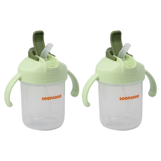 soonsooa 孩童二合一雙手柄防漏吸管杯, 綠色, 300ml, 2個