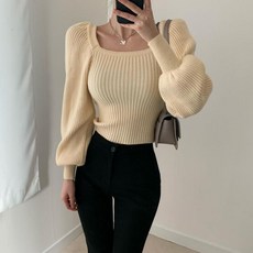 PEONIST 女款短版方領羅紋泡泡袖針織衫