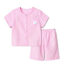 兒童格紋熊泡泡紗五分睡衣上下裝套組