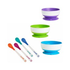 munchkin 滿趣健 強力吸盤碗 3入組 + 感溫湯匙 4入組, Multi-color, 1組