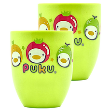 PUKU 藍色企鵝 漱口杯, 好握把手 卡哇依水果印圖 台灣製, 綠色, 2個