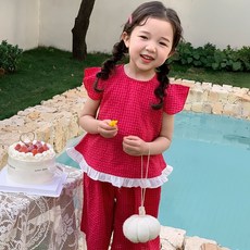 Starbean 女童格紋圖案夏季上衣 + 下著套裝