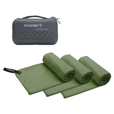 4monster 超細纖維毛巾 中型 3入 + EVA收納盒套組, 苔蘚綠, 1套