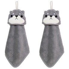 灰色柴犬造型珊瑚絨擦手巾 可愛掛式吸水速乾, 2條