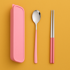 Must Beul攜帶式便當餐具+收納盒組, 1組, 勺子+筷子+箱子, 粉色